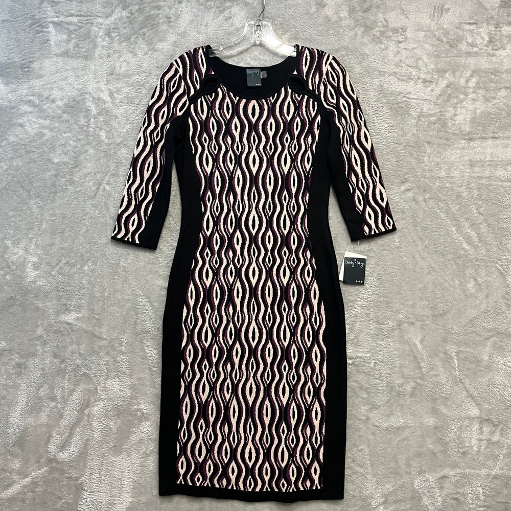 Gabby Skye Sheath Dress Women Size S Black Purple Geometric Cut-Out‎ Knit